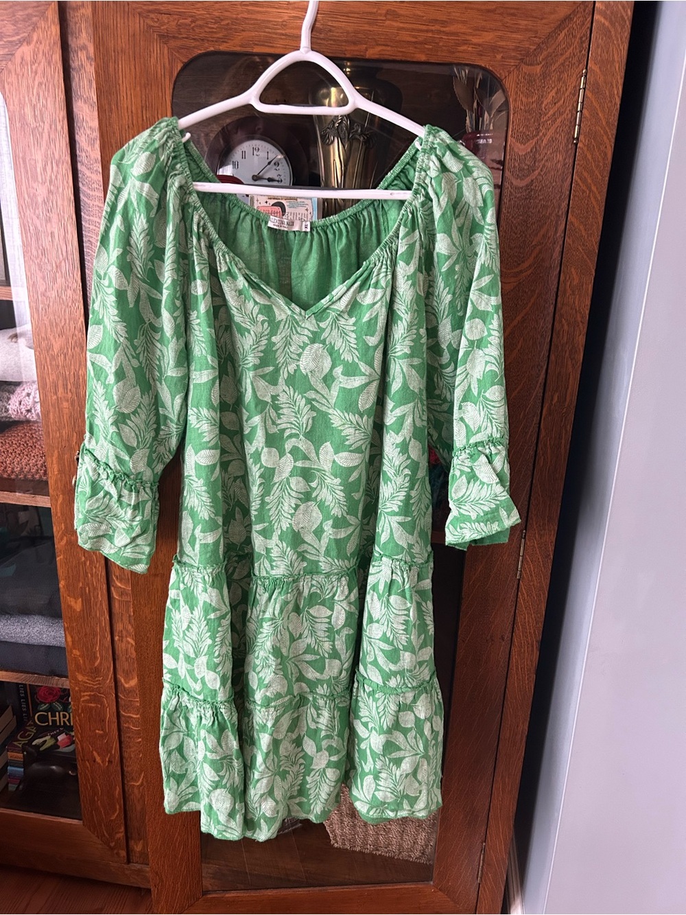 Valentina Naldi Green and White Floral Mini Dress, in Linen